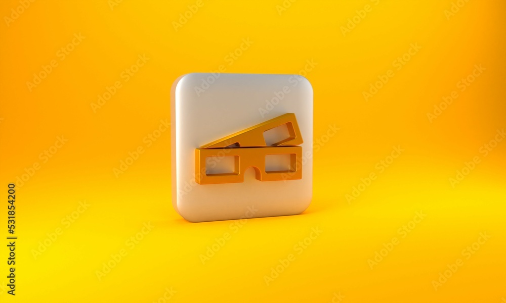 Gold 3D cinema glasses icon isolated on yellow background. Silver square button. 3D render illustrat