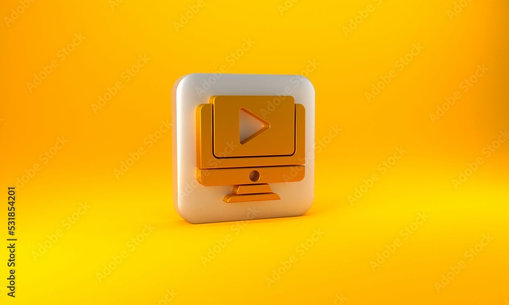 金色在线播放视频图标隔离在黄色背景上。电脑显示器和带播放功能的胶片