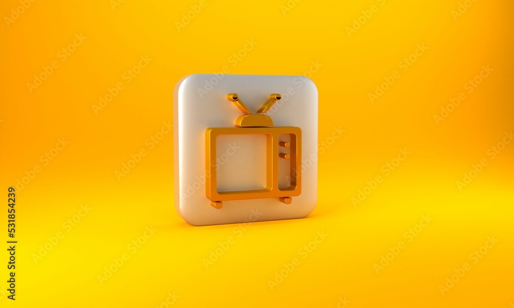 金色复古电视图标隔离在黄色背景上。电视标志。银色方形按钮。3D渲染i