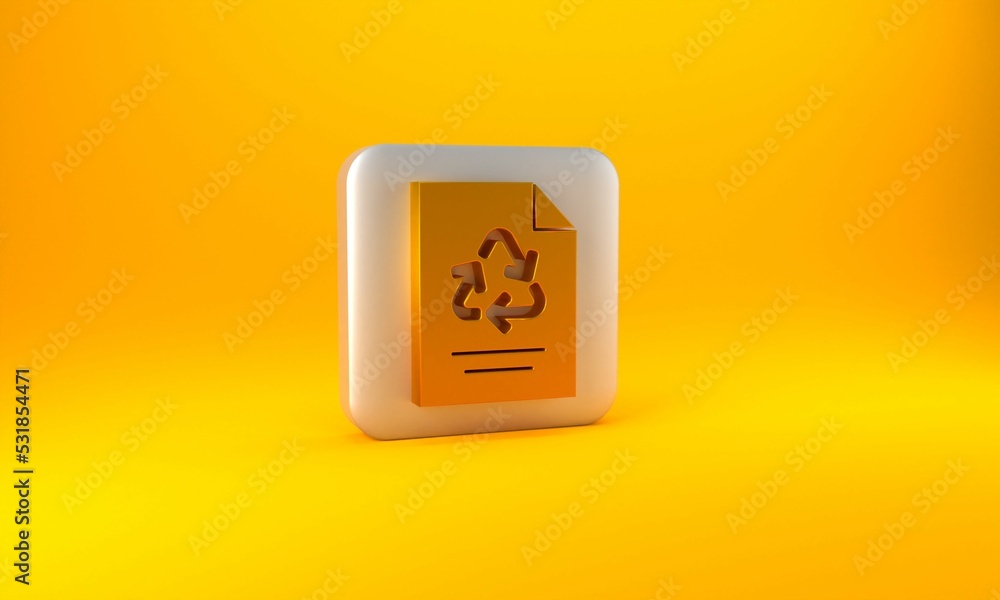 Gold Paper with recycle icon isolated on yellow background. Silver square button. 3D render illustra