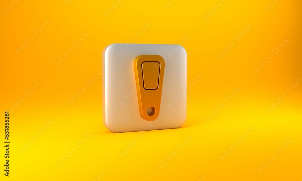 金色手镜图标隔离在黄色背景上。银色方形按钮。3D渲染图
