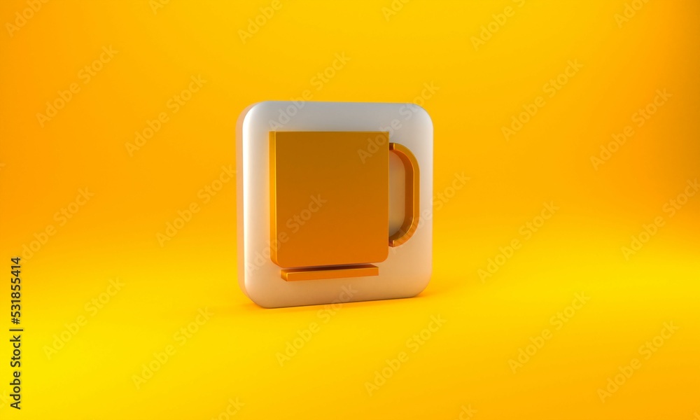 黄色背景上隔离的金色咖啡杯图标。茶杯。热饮咖啡。银色方形按钮。