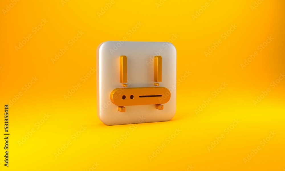 黄色背景上隔离的金色路由器和wi-fi信号图标。无线以太网调制解调器Router.Com