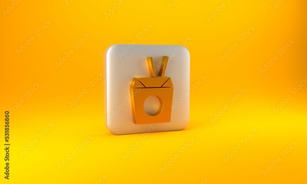 Gold Asian noodles in paper box and chopsticks icon isolated on yellow background. Street fast food.