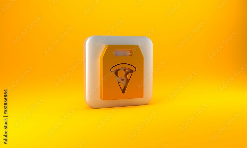 Gold Online ordering and fast pizza delivery icon isolated on yellow background. Silver square butto