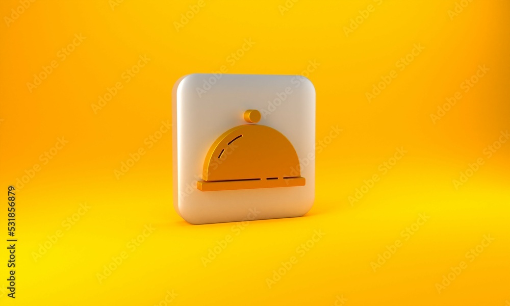 Gold Covered with a tray of food icon isolated on yellow background. Tray and lid sign. Restaurant c