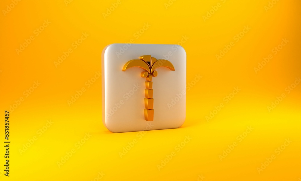 Gold Tropical palm tree icon isolated on yellow background. Coconut palm tree. Silver square button.