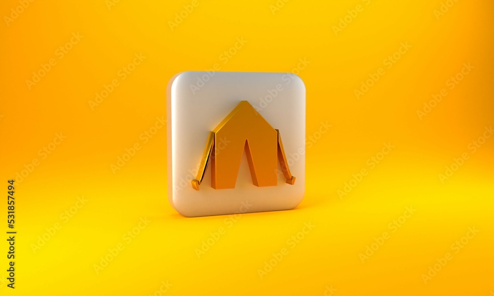 Gold Tourist tent icon isolated on yellow background. Camping symbol. Silver square button. 3D rende