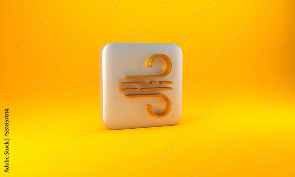 Gold Wind icon isolated on yellow background. Windy weather. Silver square button. 3D render illustr