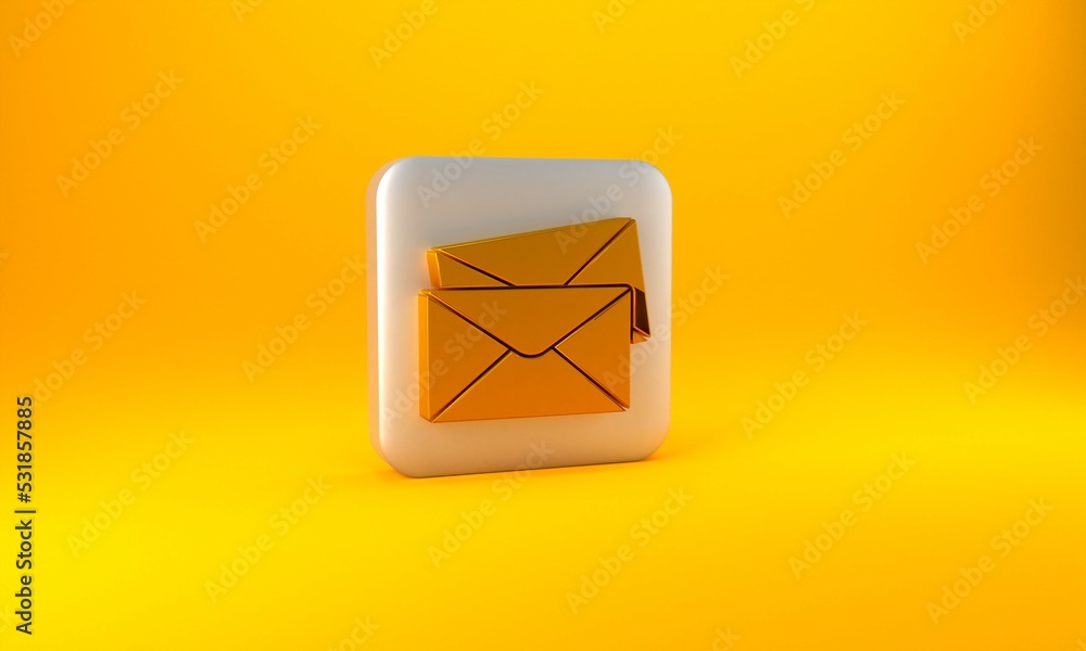 黄色背景上隔离的金色信封图标。电子邮件字母符号。银色方形按钮。