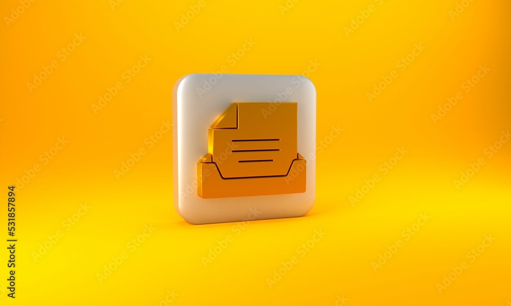 金色抽屉，黄色背景上隔离有文档图标。档案文件抽屉。文件柜博士