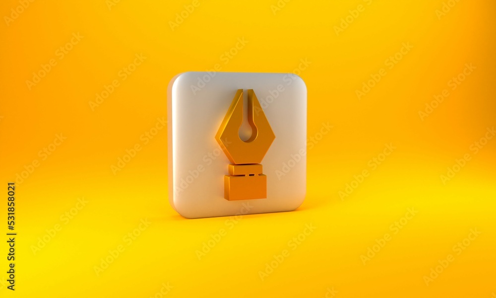 Gold Fountain pen nib icon isolated on yellow background. Pen tool sign. Silver square button. 3D re