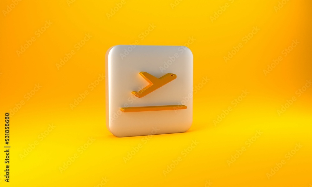 Gold Plane takeoff icon isolated on yellow background. Airplane transport symbol. Silver square butt