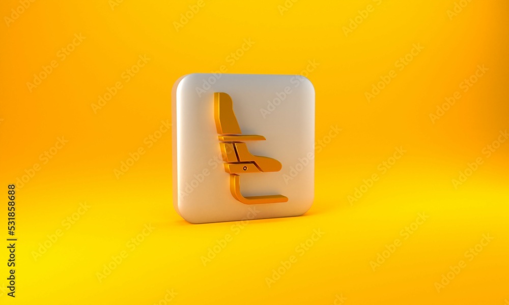 黄色背景上隔离的金色飞机座椅图标。银色方形按钮。3D渲染图