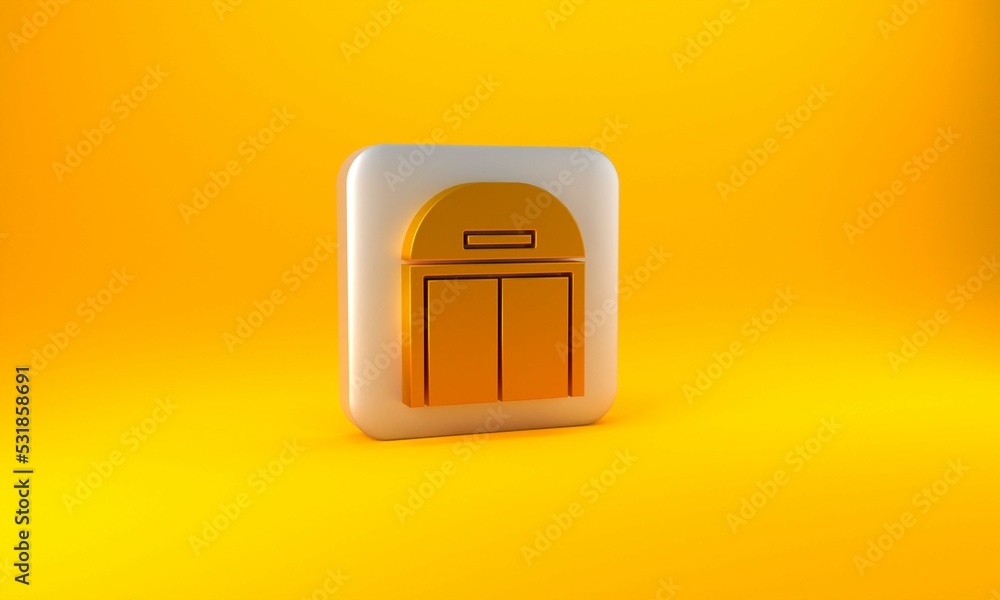 Gold Aircraft hangar icon isolated on yellow background. Silver square button. 3D render illustratio
