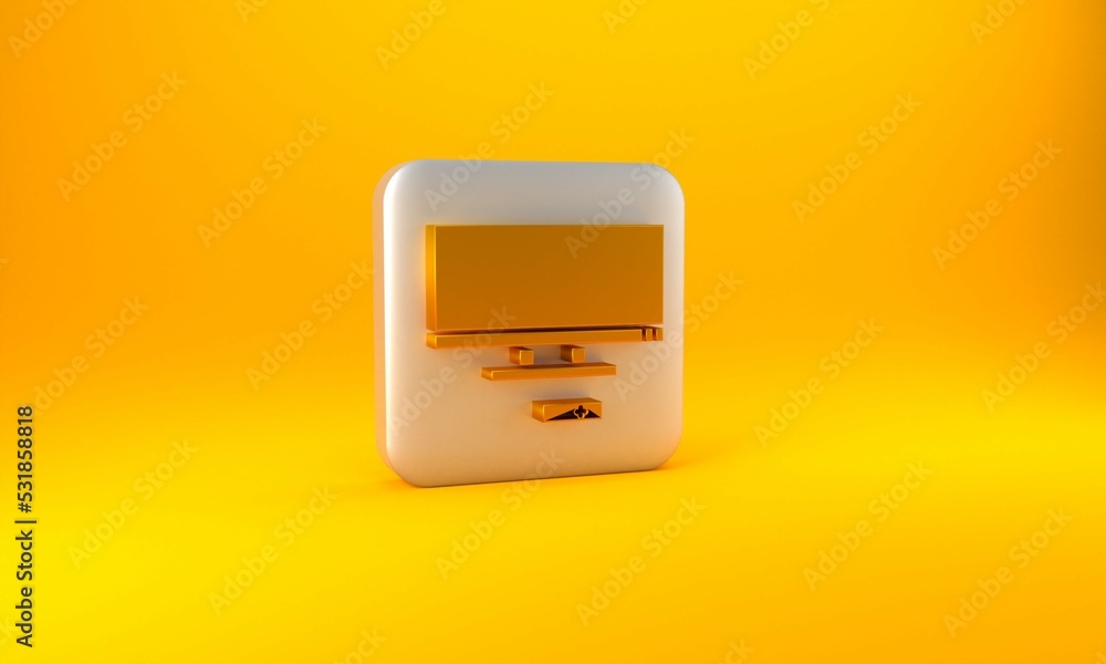 Gold Smart Tv icon isolated on yellow background. Television sign. Silver square button. 3D render i