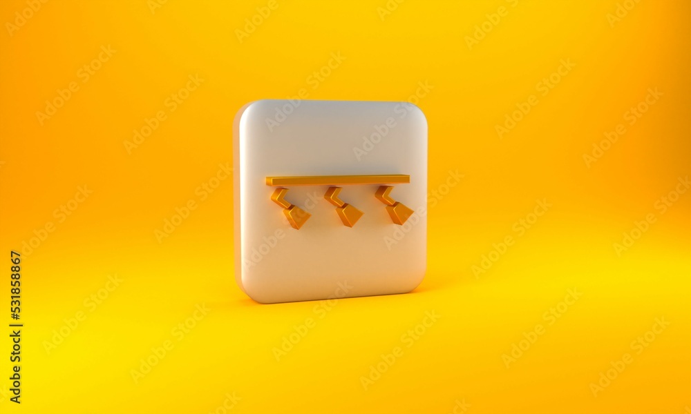 Gold Led track lights and lamps with spotlights icon isolated on yellow background. Silver square bu