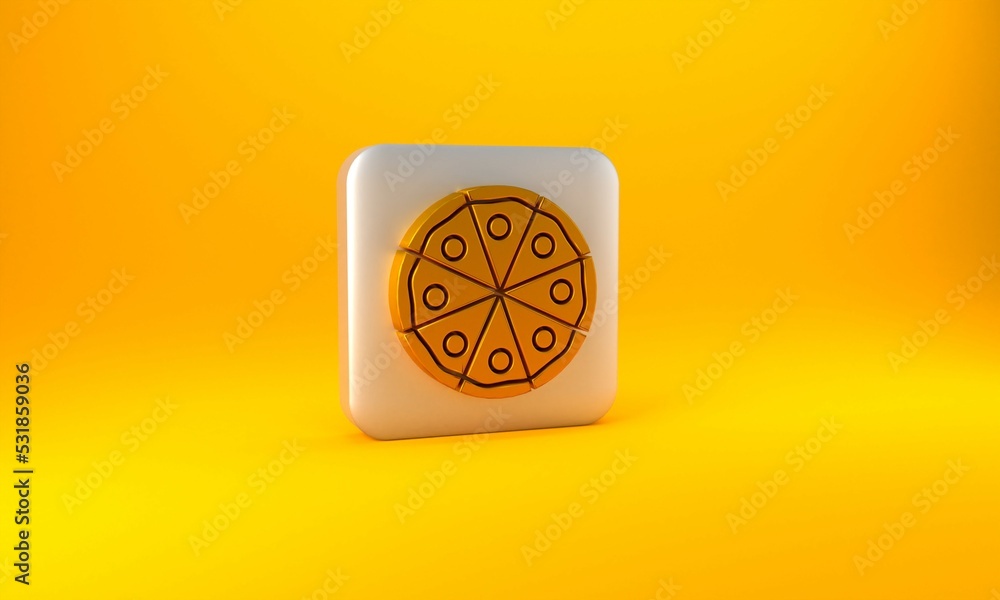 黄色背景上隔离的金色披萨图标。快餐菜单。银色方形按钮。3D渲染插图