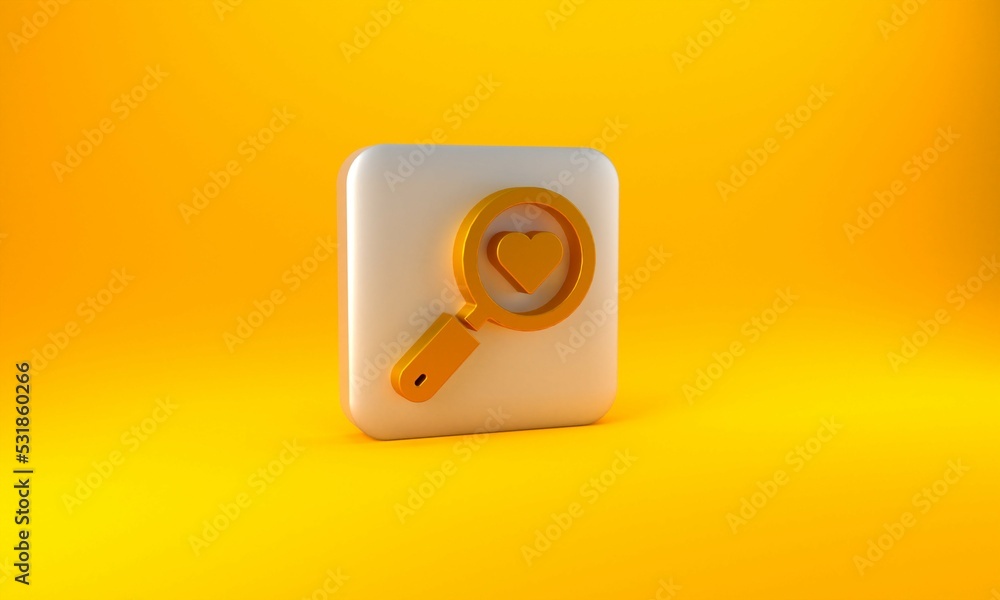 Gold Search heart and love icon isolated on yellow background. Magnifying glass with heart inside. S