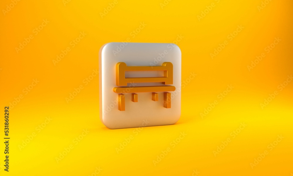 Gold Romantic bench icon isolated on yellow background. Silver square button. 3D render illustration