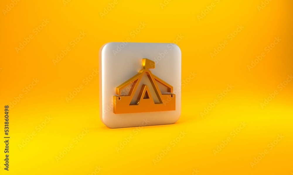 黄色背景上隔离的金色旅游帐篷图标。露营符号。银色方形按钮。3D rende