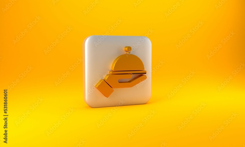金色覆盖着一盘黄色背景上隔离的食物图标。托盘和盖子标志。餐厅c