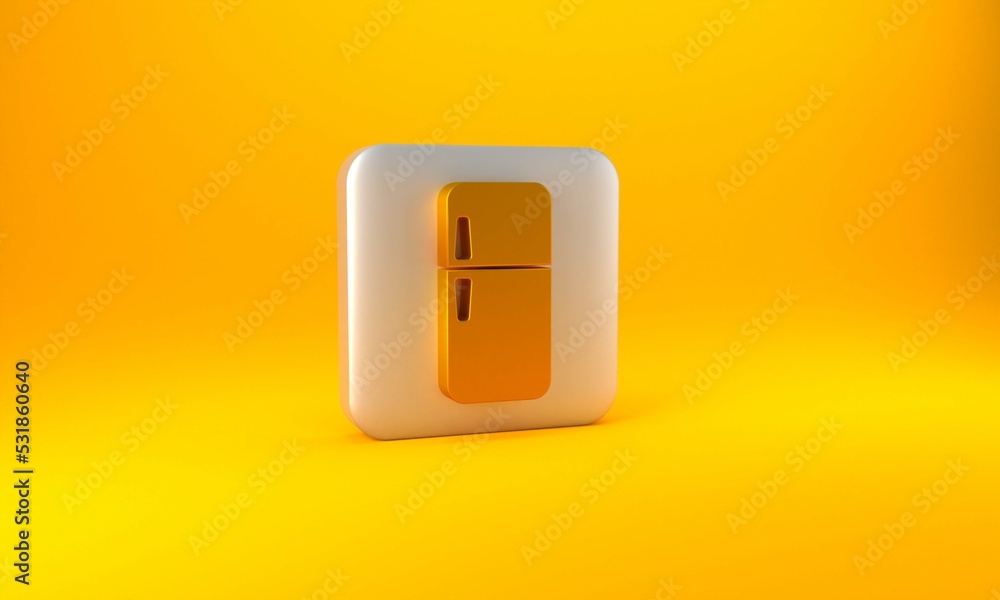 Gold Refrigerator icon isolated on yellow background. Fridge freezer refrigerator. Household tech an