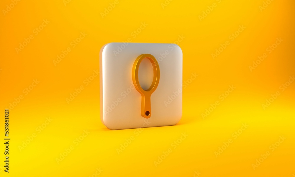 金色手镜图标隔离在黄色背景上。银色方形按钮。3D渲染图