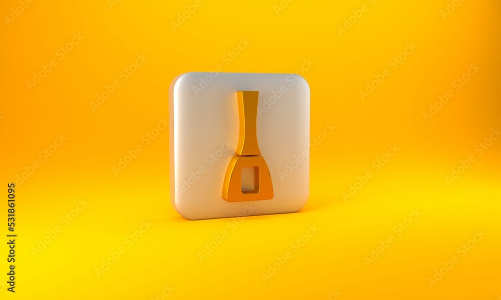 金色指甲油瓶图标隔离在黄色背景上。银色方形按钮。3D渲染插图