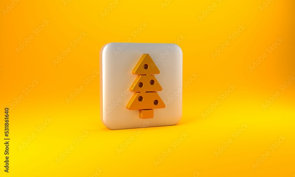 Gold Christmas tree with decorations icon isolated on yellow background. Merry Christmas and Happy N