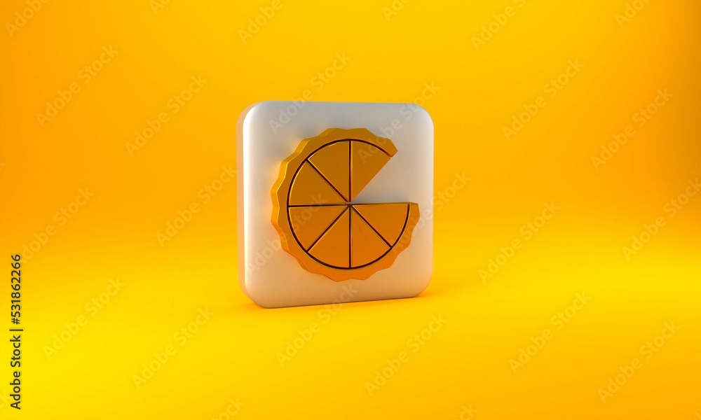 黄色背景上隔离的金色自制馅饼图标。银色方形按钮。3D渲染图