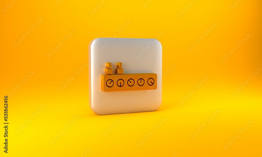 金色混音器控制器图标隔离在黄色背景上。Dj设备滑块按钮。混音
