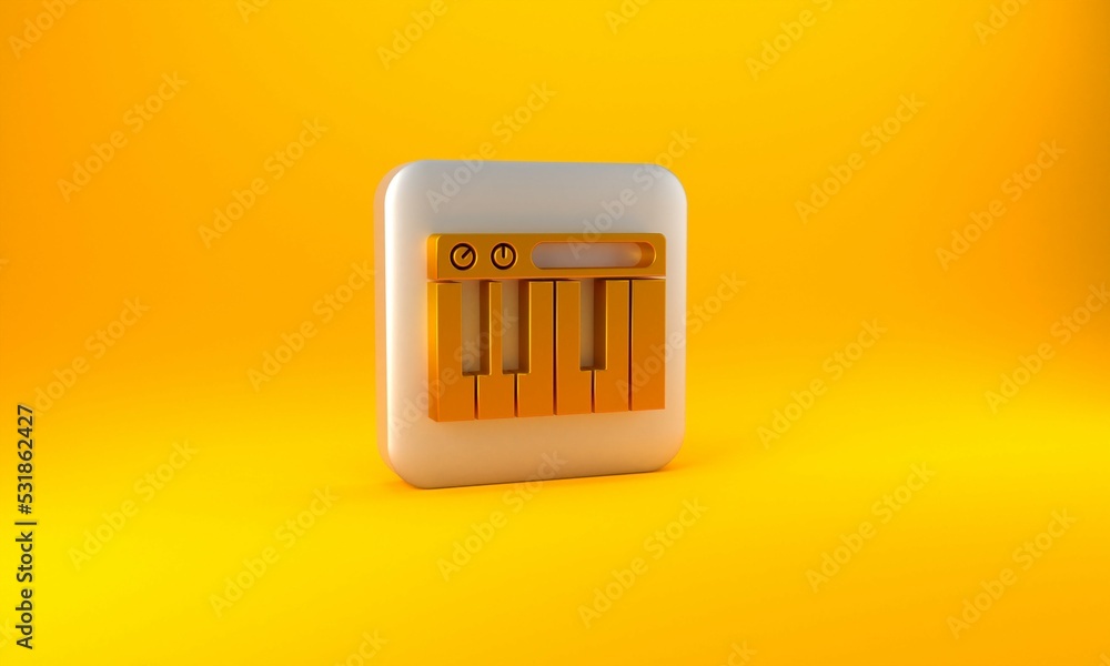 Gold Music synthesizer icon isolated on yellow background. Electronic piano. Silver square button. 3
