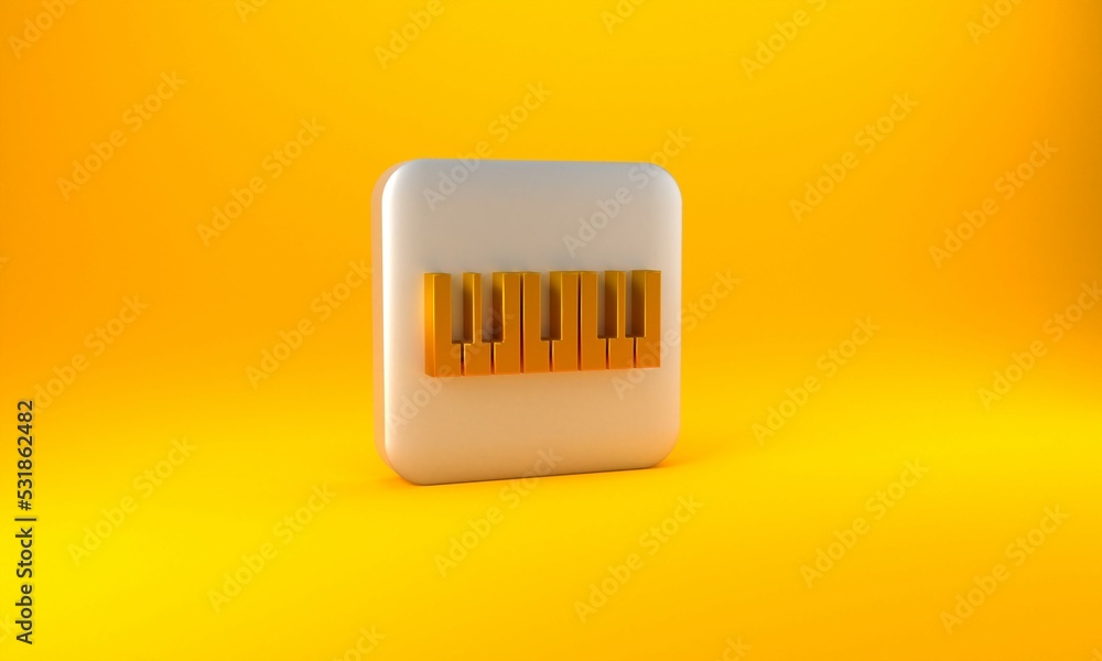 黄色背景上隔离的金色音乐合成器图标。电子钢琴。银色方形按钮。3