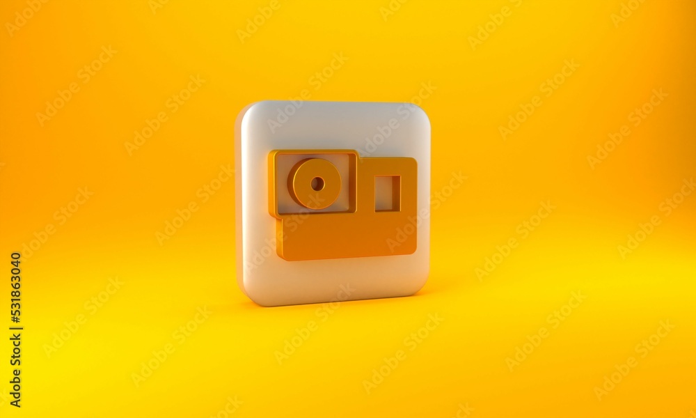 黄金行动极限相机图标，隔离在黄色背景上。用于拍摄ex的摄像机设备
