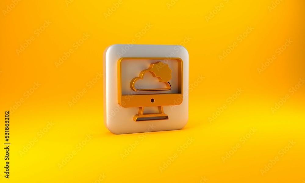 Gold Weather forecast icon isolated on yellow background. Silver square button. 3D render illustrati