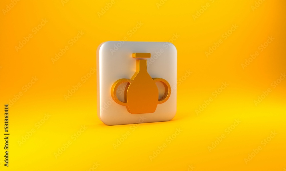 金色花瓶图标隔离在黄色背景上。银色方形按钮。3D渲染图
