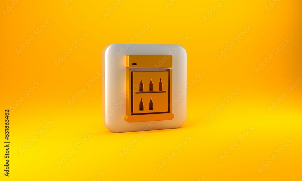 金色商用冰箱，用于储存黄色背景上隔离的饮料图标。可储存易腐饮料