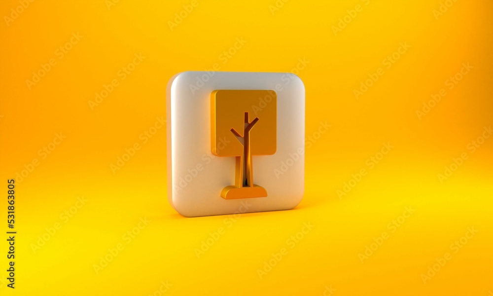 黄色背景上隔离的金树图标。森林符号。银色方形按钮。3D渲染插图