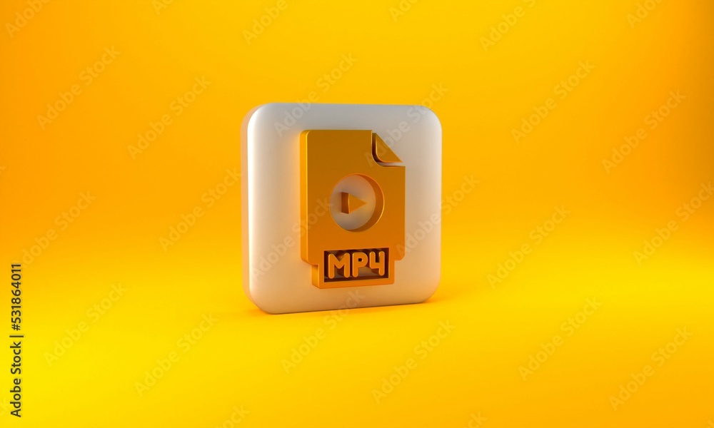金色MP4文件文档。下载隔离在黄色背景上的MP4按钮图标。MP4文件符号.Sil