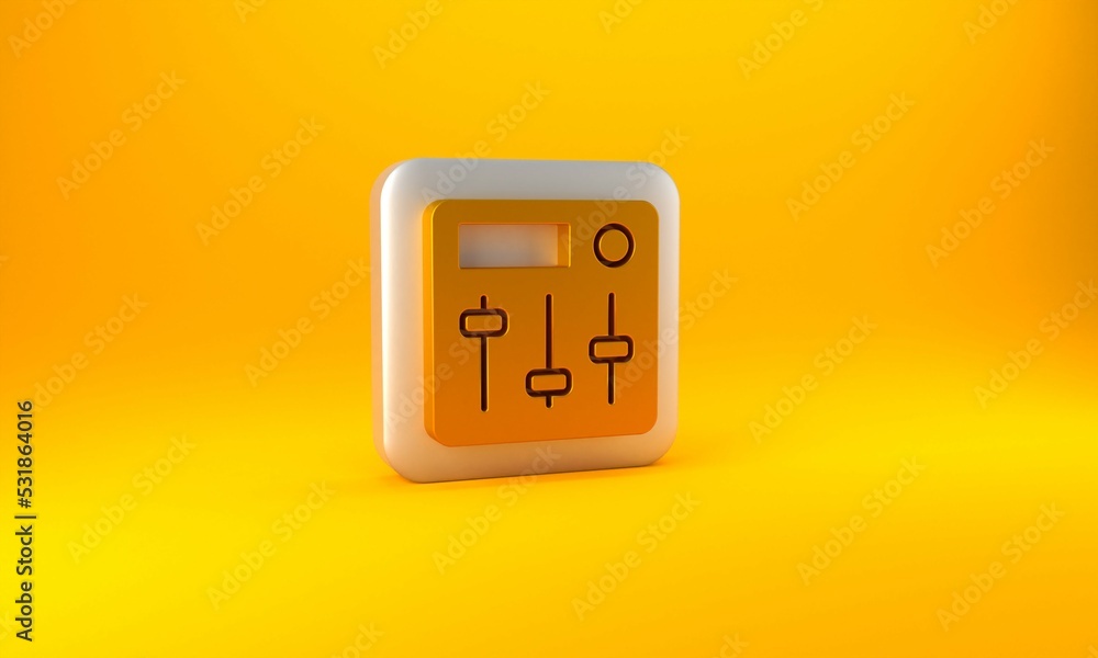 金色混音器控制器图标隔离在黄色背景上。Dj设备滑块按钮。混音