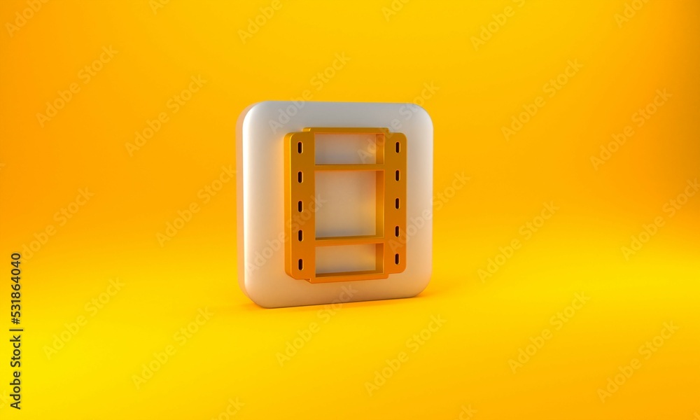 Gold Play Video icon isolated on yellow background. Film strip sign. Silver square button. 3D render