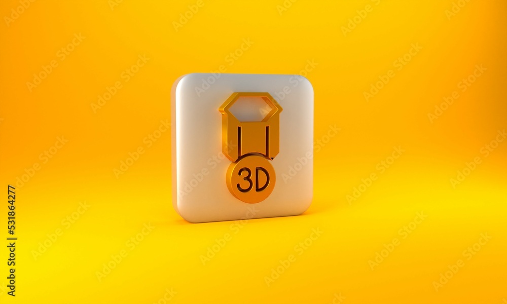 黄色背景上隔离的金色3D打印机图标。3D打印。银色方形按钮。3D渲染不良