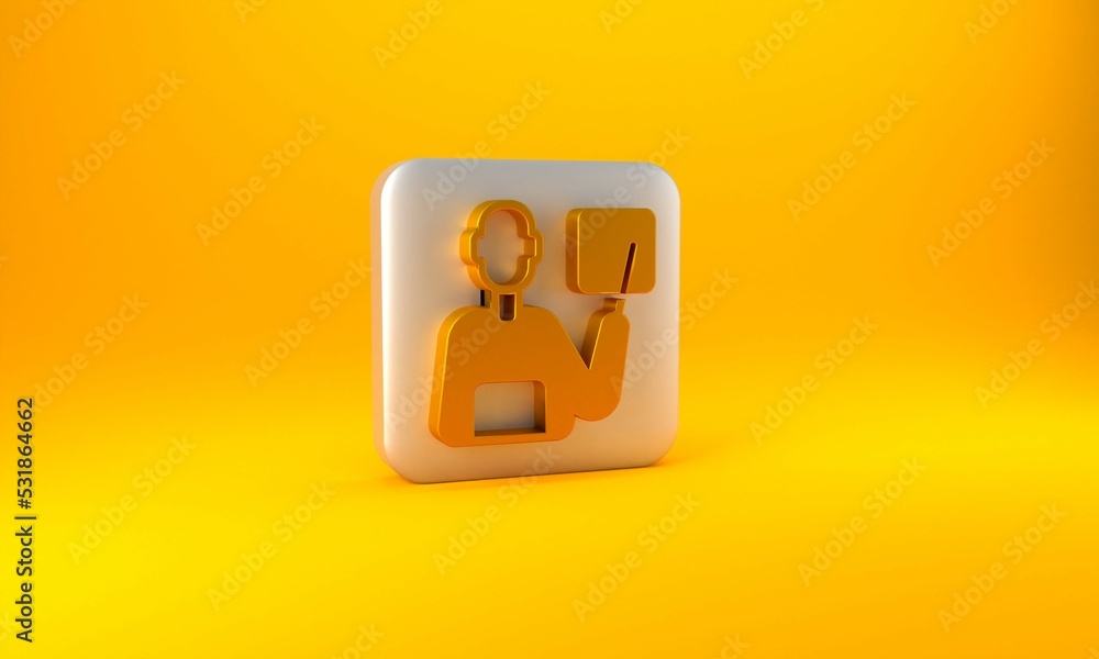 黄色背景上隔离的金色教师图标。银色方形按钮。3D渲染图