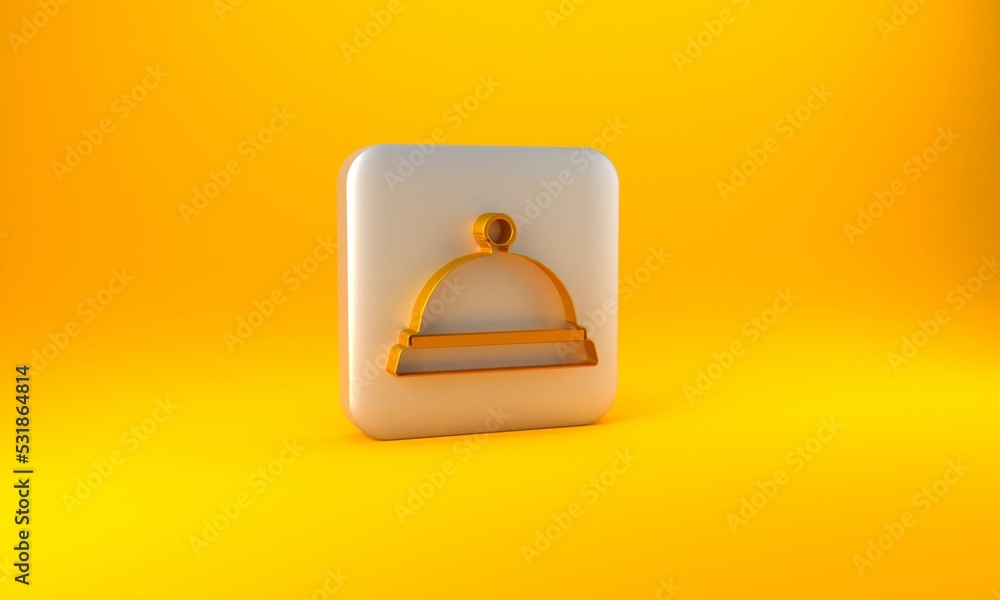 金色覆盖着一盘黄色背景上隔离的食物图标。托盘和盖子标志。餐厅c