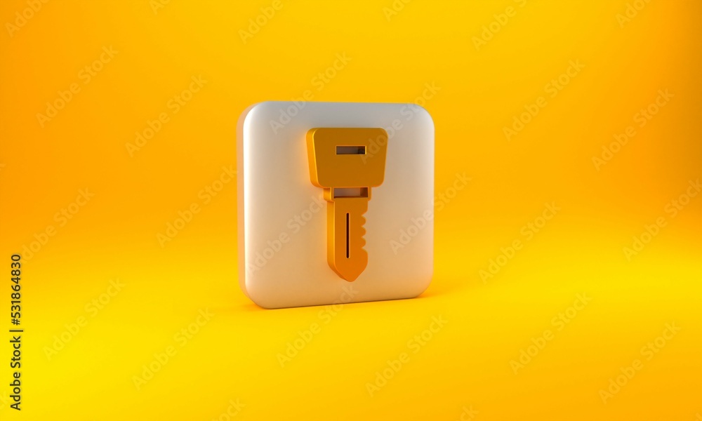 金色酒店门锁钥匙图标在黄色背景上隔离。银色方形按钮。3D渲染插图