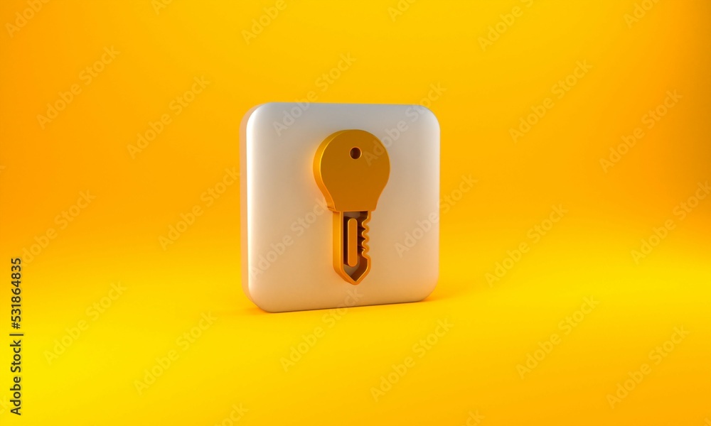 金色酒店门锁钥匙图标隔离在黄色背景上。银色方形按钮。3D渲染插图