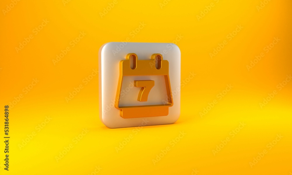 金色酒店预订日历图标隔离在黄色背景上。银色方形按钮。3D渲染illu
