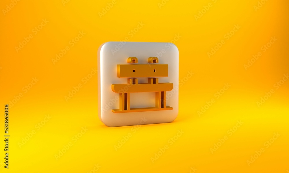 金色长椅图标隔离在黄色背景上。银色方形按钮。3D渲染图