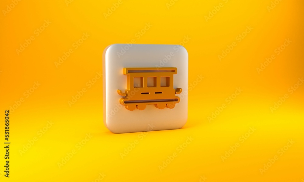黄色背景上隔离的金色客车玩具图标。铁路车厢。银色方形bu